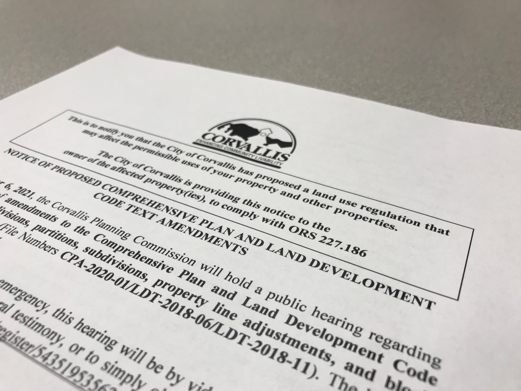 Land Owner Notification for Code Amendments Corvallis Oregon