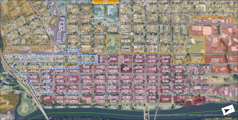 Zoning map of downtown Corvallis showing different color coded properties in the downtown core.