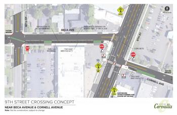 Overhead schematic showing proposed configuration of a new pedestrian crossing on 9th Street in Corvallis.