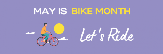 May is Bike Month - Let's Ride. Graphic showing a cyclist against a purple background, with a yellow sun in the sky.