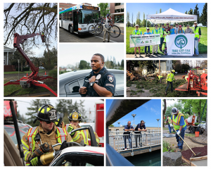 Decorative collage of photos showing city services: firefighters, police officers, city bus, public works, water treatment plant, urban forestry