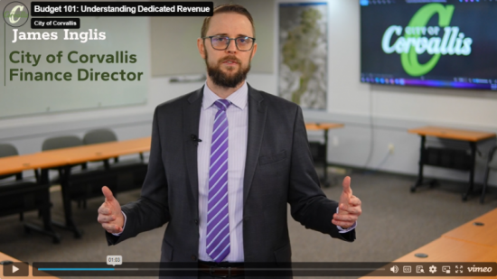 Video image featuring James Inglis, city finance director, in a dark suit and purple tie standing in front of a meeting room speaking to the viewer