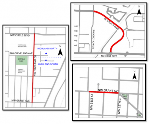 Map showing construction areas on Grant, Highland, and Walnut streets in Corvallis