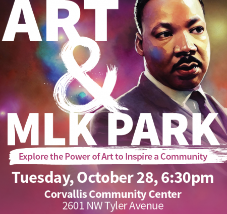 Decorative graphic showing Dr. Martin Luther King Jr.'s portrait with the words &quot;Art &amp; MLK Park&quot; around it.
