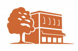 Decorative orange graphic showing a city block silhouette next to a small street tree shape.