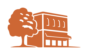 Decorative orange icon showing an oak tree standing beside a downtown storefront