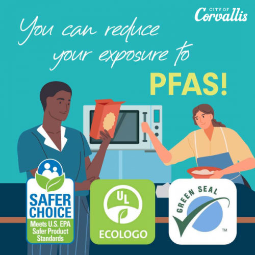 Decorative graphic showing two cartoon people examining plastic packaging with the text &quot;You can reduce your exposure to PFAS&quot; in the image.