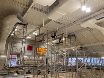 Scaffolding installed in the natatorium of Osborn Aquatic Center