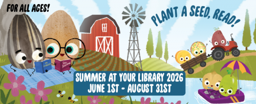 Summer reading graphic showing two potatoes on a farm reading a book on a blue blanket in a field.