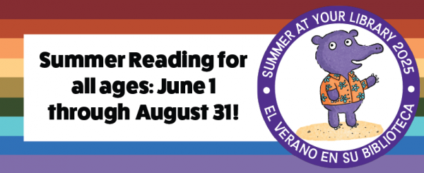 Summer Reading at the Library banner on a rainbow background