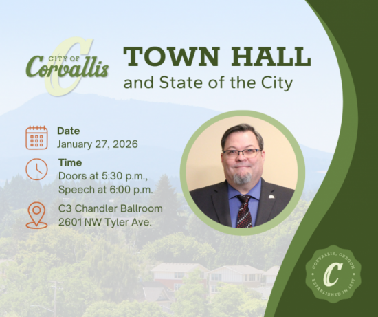 Mayor's Town Hall announcement with a portrait of Mayor Charles Maughan against the city skyline