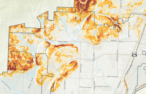 Map of hillsides and slopes in Corvallis