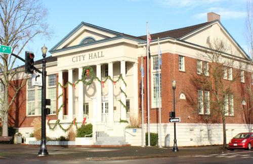 City Hall with green holiday decorations