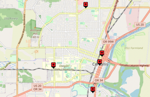 Map of Corvallis showing locations of city facility projects