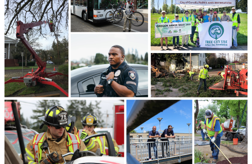 Collage of photos featuring city workers, firefighters and police officers.