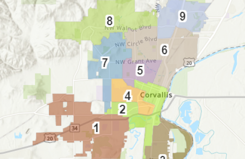 Map showing 9 wards in Corvallis