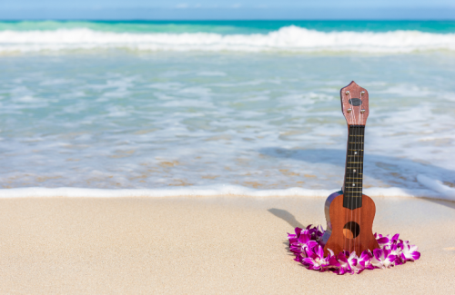 ukelele and leis on beach