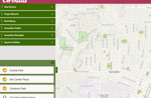 Park finder map with a list of amenities on the left side in green, along with a map of Corvallis with different map points.