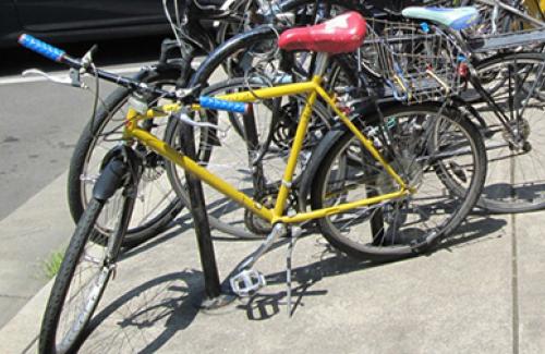 Bikes parked on a street in Corvallis