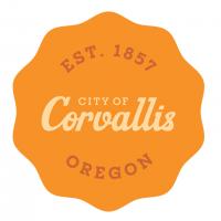 Medallion in dark yellow with the word corvallis written in cursive