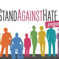 Crowd of colored silhouettes underneath the words "Stand Against Hate"