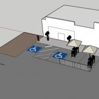Graphic showing a parking lot with spaces turned into outdoor dining and seating.