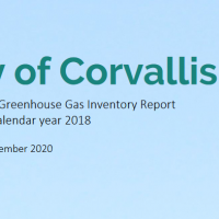 Greenhouse gas inventory headline on a blue sky with green tree branches on the left