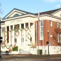 City Hall with green holiday decorations