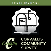 Community survey graphic featuring the green city logo and a black and white pencil drawing of a mailbox.