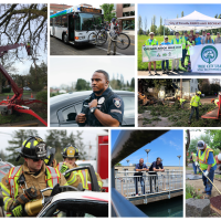Collage of photos featuring city workers, firefighters and police officers.