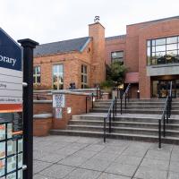 Corvallis-Benton County Public Library Exterior with stairs and front door