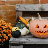 Orange jack-o-lantern sitting on a wooden park bench next to some gourds.