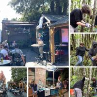 Photo collage: Photos on left are of a community gathering. Photos on the right are of students working in the forest.