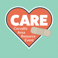 Corvallis Area Resource Event logo with words inside of a red heart, with a bandage over the heart