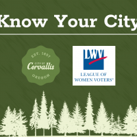 Decorative graphic with the words "Know Your City" and logos for the City of Corvallis and League of Women Voters
