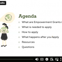 Video screenshot showing the agenda for the grant webinar along with two decorative graphics of people making an announcement.