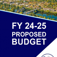 FY25 Proposed Budget with photo encompassing the Willamette River, Marys Peak, and the verdant City of Corvallis