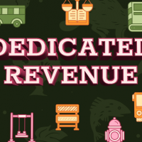 Dedicated Revenue title page featuring colorful icons representing different city services like water, sewer, police, streets