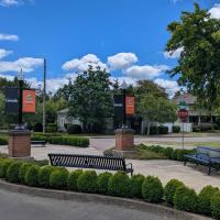 Corvallis Streetscape on Madison Avenue with street signs and landscaping, with a bright blue sky in the background