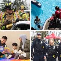 City services Photo collage showing a Corvallis firefighter, a lifeguard, a family reading at the library, and three police officers.