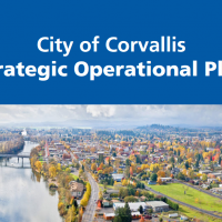 City Strategic Plan blue box over a panoramic image of the Corvallis skyline and river