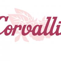 Corvallis wordmark in purple over an image of a blackberry