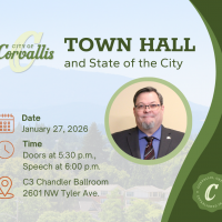Mayor's Town Hall and STate of the City graphic with a photo of Mayor Charles Maughan and the city skyline in the background