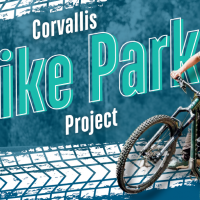 Corvallis Bike Park decorative graphic with a mountain biker on a blue graphic background