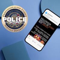 CPD Logo with a cell phone showing a safety message about Halloween