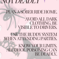 Pink halloween background behind safety tips for Halloween.