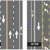 Before and after image showing the lane configurations on Circle Boulevard