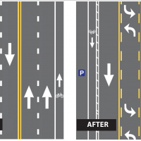 Before and after image showing the lane configurations on Circle Boulevard