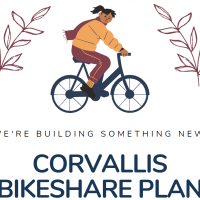 Corvallis Bikeshare Plan with graphic showing a cyclist wearing a yellow shirt