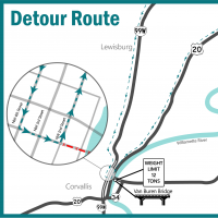 Map of downtown Corvallis showing a close-up of the bridge detour.